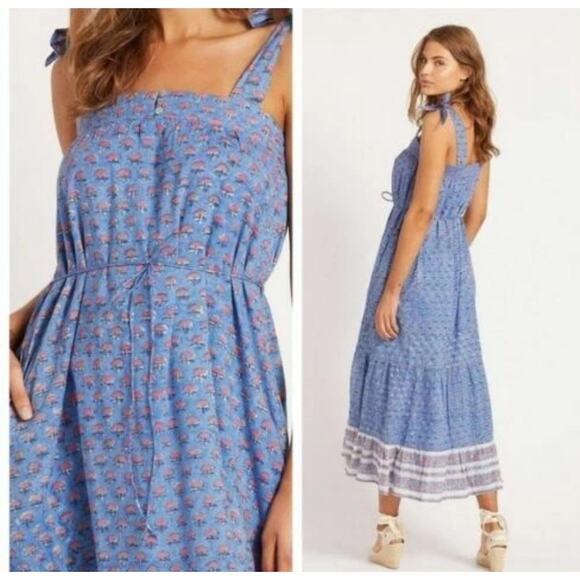 Anthropologie x Cleobella India Blue Lotus Floral Midi Dress Pockets Size Medium - Picture 3 of 14